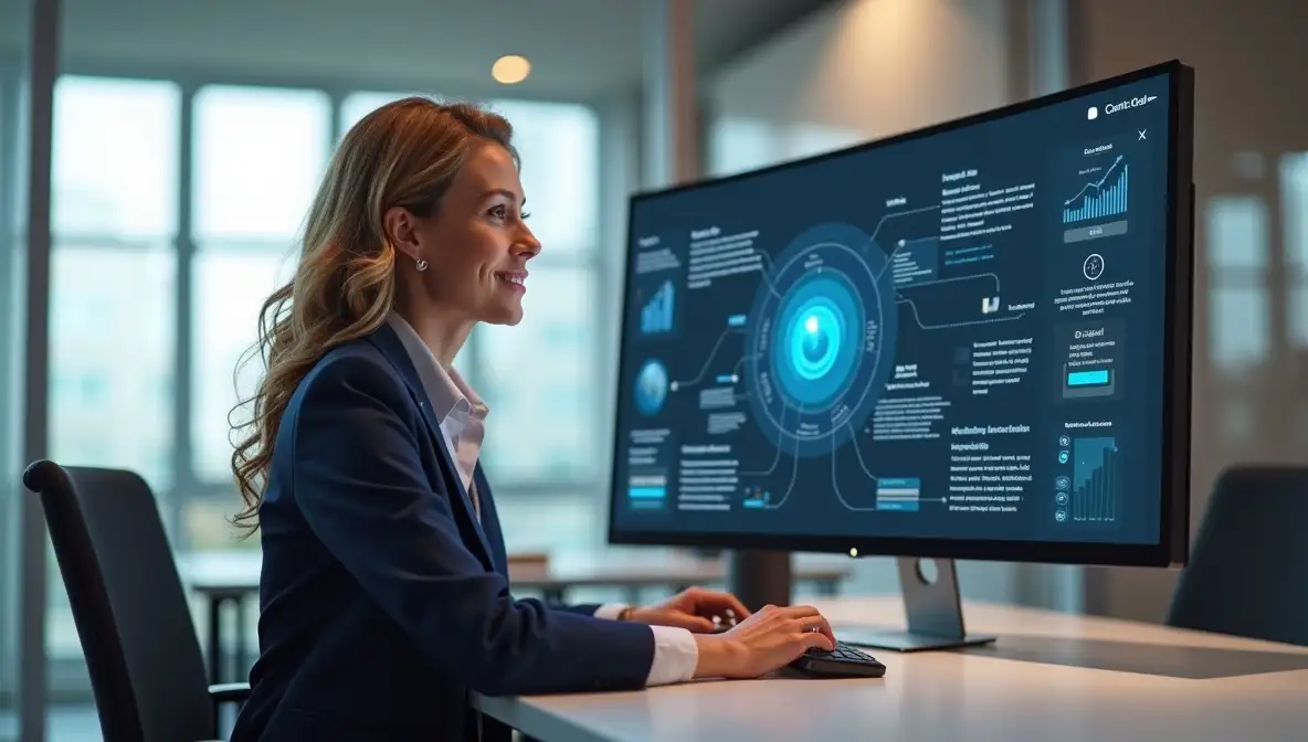 Professional woman at a desk using an AI content automation platform on a large monitor in a modern office, symbolizing efficient content creation and strategic control.
