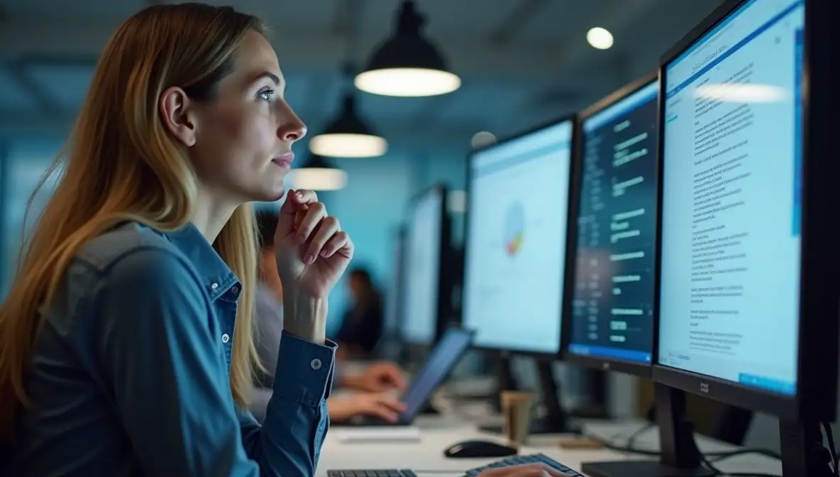 Professional in modern office analyzing AI-generated single answer on computer monitor for strategic business insight.