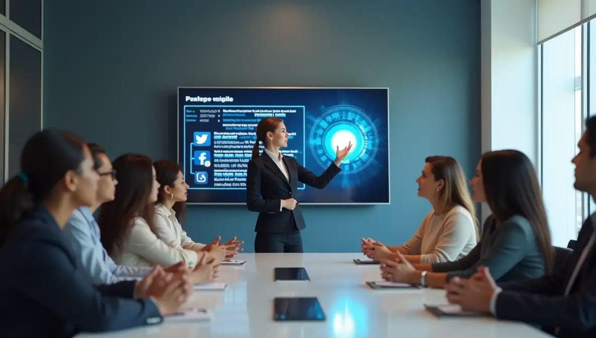 Diverse professionals analyze AI-powered data visualizations on a digital display, focusing on customer feedback trends for strategic business growth.