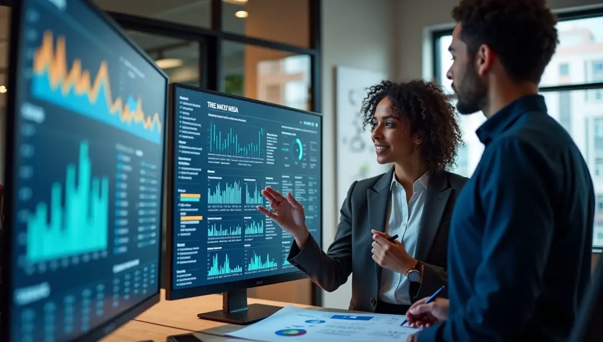 Two marketing strategists collaborate in a modern office, analyzing AI-driven social media data on a large monitor, highlighting human-AI integration in strategic decision-making.