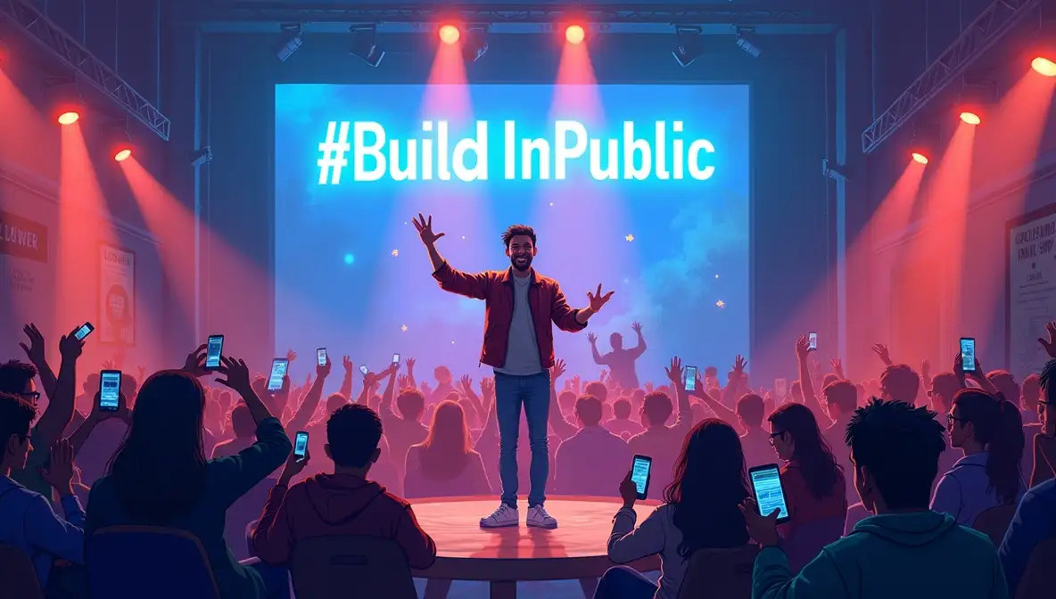 An animated speaker stands on a stage with outstretched arms, addressing a large audience holding up phones to a brightly lit screen displaying "#BuildInPublic" under red stage lights.