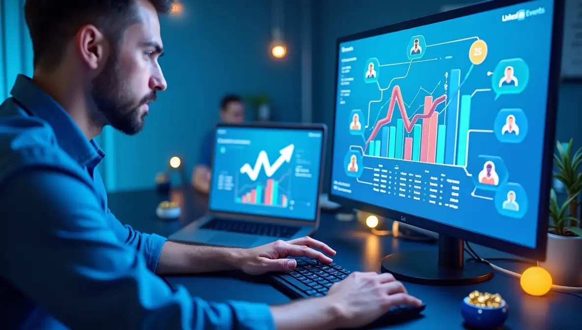A focused man types on a keyboard, intently studying two computer screens that display detailed financial graphs and data dashboards in a modern, blue-lit office environment.