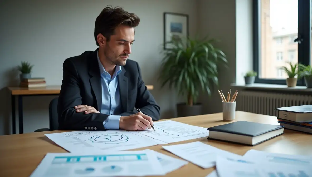 Executive analyzing complex business operations, focusing on foundational processes in a modern office.