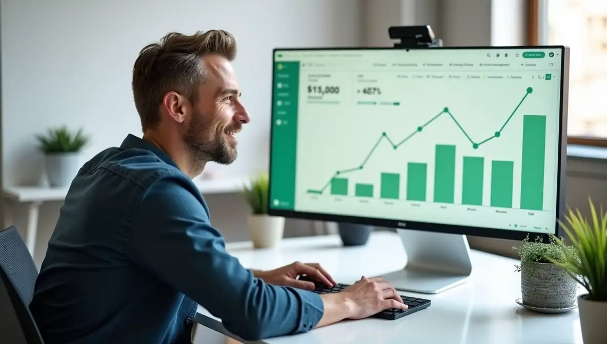 Business professional analyzes analytics dashboard showing revenue and lead generation growth.
