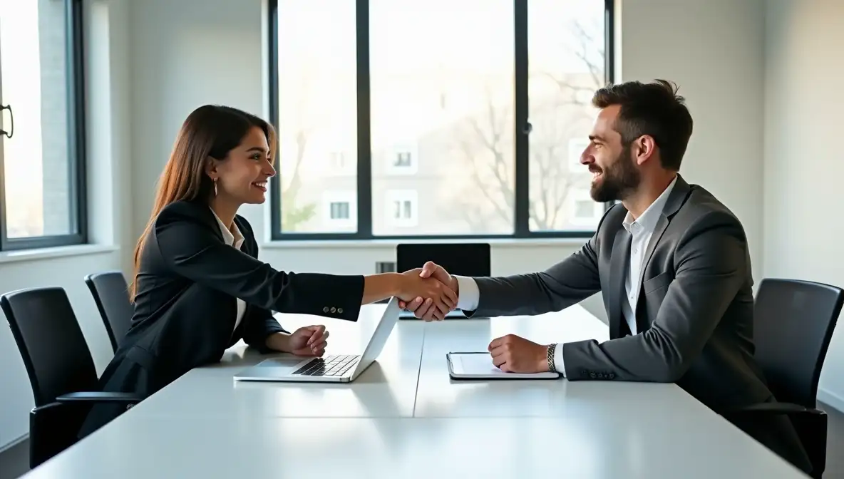 Two smiling business professionals, a man and a woman, shake hands across a conference table with a laptop, signifying agreement or a successful meeting.