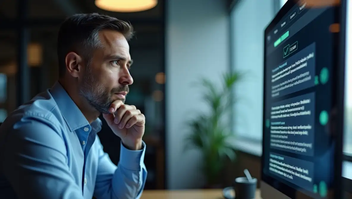 Business professional deeply focused on AI chatbot screen, contemplating strategic insights.