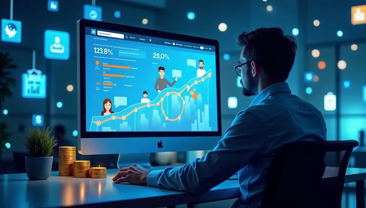 A business professional intently analyzing data on a laptop, emphasizing data-driven decision-making and strategic assessment.