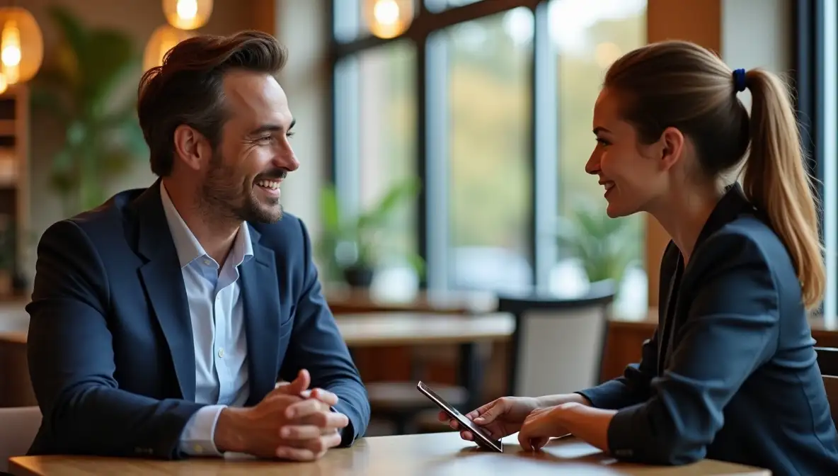 Two business professionals having a genuine and engaging conversation in a modern, upscale coffee shop, conveying trust and authentic connection.