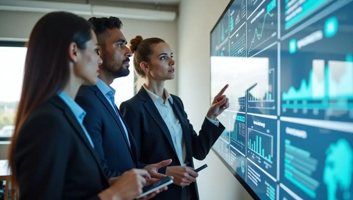 Diverse business team collaborating on strategic roadmap on interactive digital display in a modern office.