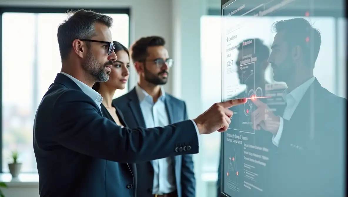 Three business executives in a modern meeting room, one pointing with a laser pointer at a strategic diagram on an interactive display, emphasizing focused decision-making.