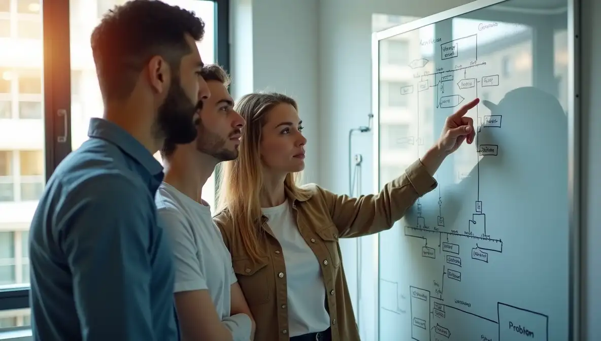 A small business team in a modern office discusses customer segmentation strategy, with one member pointing to a whiteboard defining ideal client profiles and those 'not for us'.