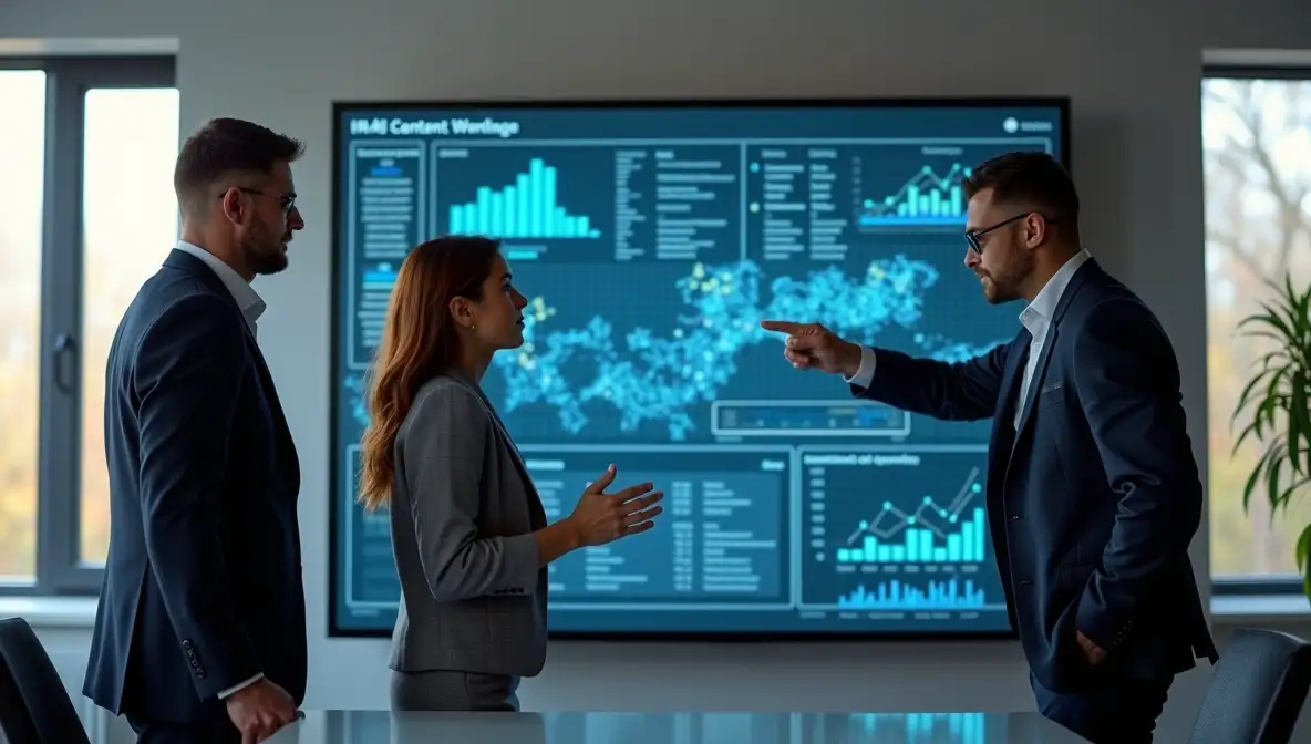 Diverse business team analyzing client acquisition data on a large monitor in a modern office, focusing on strategic planning and data-driven growth.