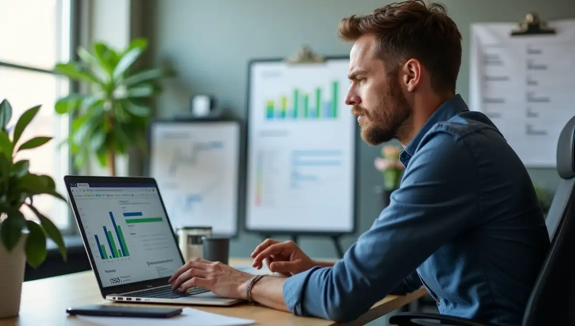 Focused marketing professional empathetically listening on a video call, taking notes in a modern office setting, emphasizing human connection.
