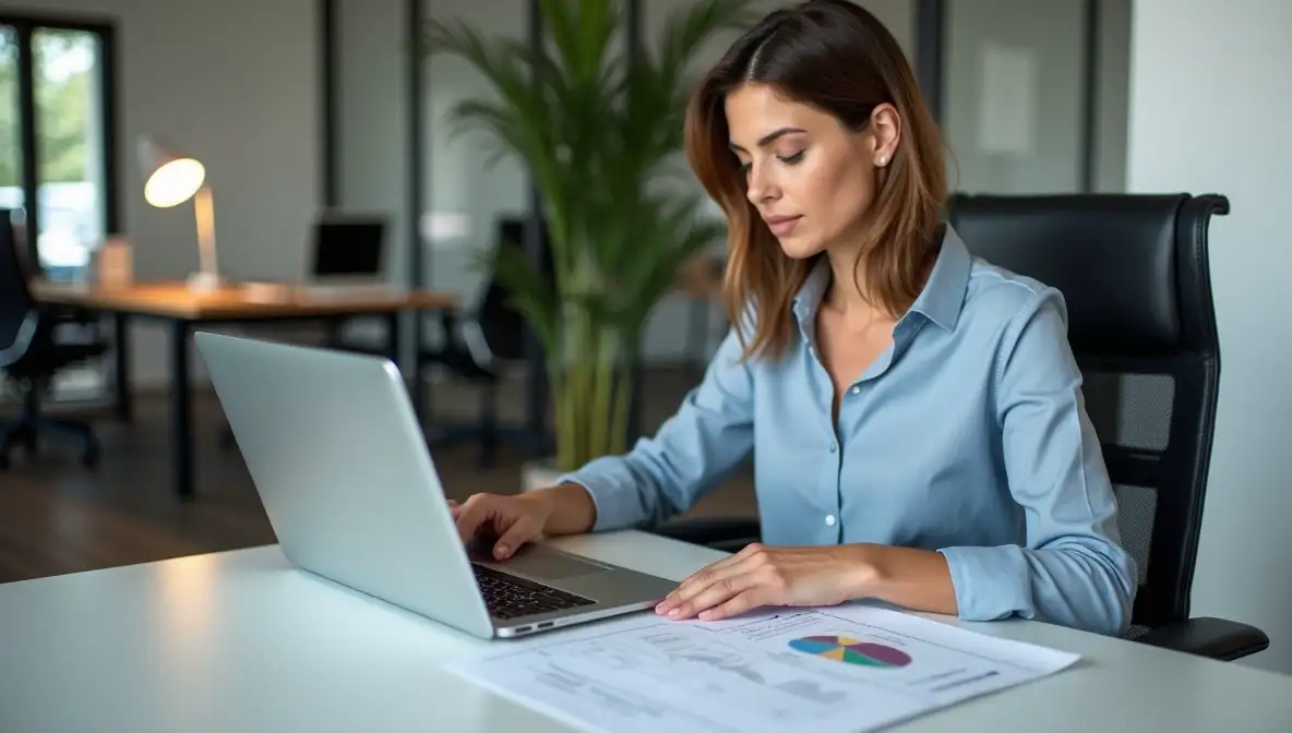 Professional marketing strategist focused on a SaaS content carousel on laptop, symbolizing strategic content creation.