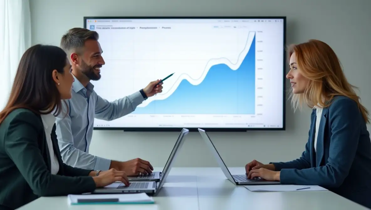 Three collegues at a desk looking at a computer screen displaying a financial growth graph.