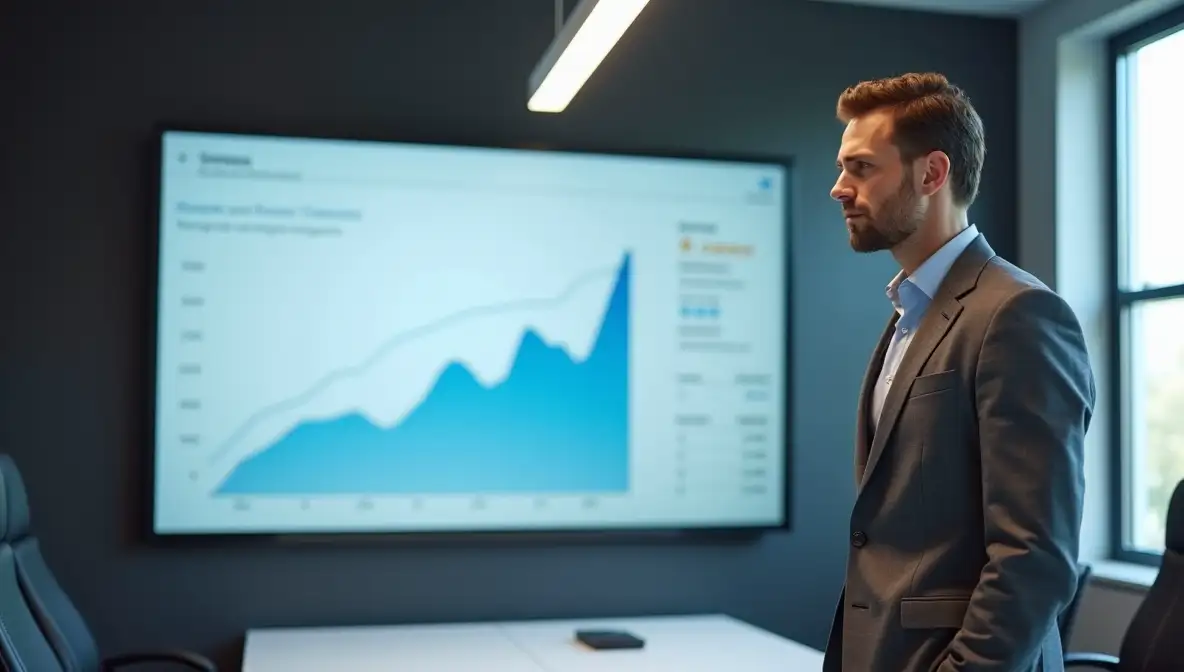 A man looking at a computer screen displaying a financial growth graph, set in a blue-toned workspace.