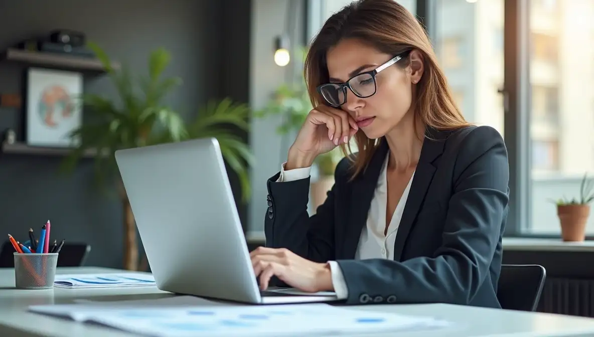 Focused entrepreneur analyzing a complex digital spreadsheet, identifying practical business solutions at a modern office desk.