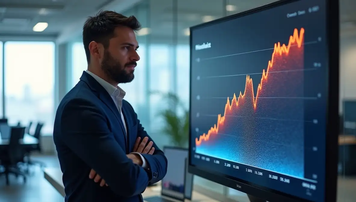 Entrepreneur critically evaluates product launch data, showing initial growth and subsequent decline or plateau on a monitor in a modern office.