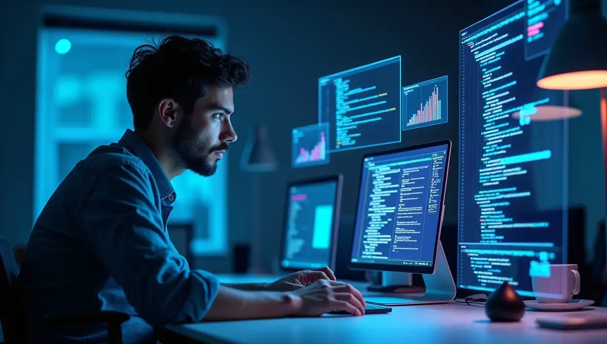 Exhausted startup founder illuminated by multiple screens, overwhelmed by the endless digital search for users late at night.
