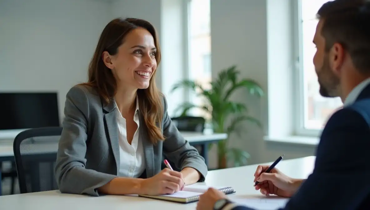 Female entrepreneur in a modern office discusses business solutions with a client, holding a notebook for a hands-on, service-based approach.