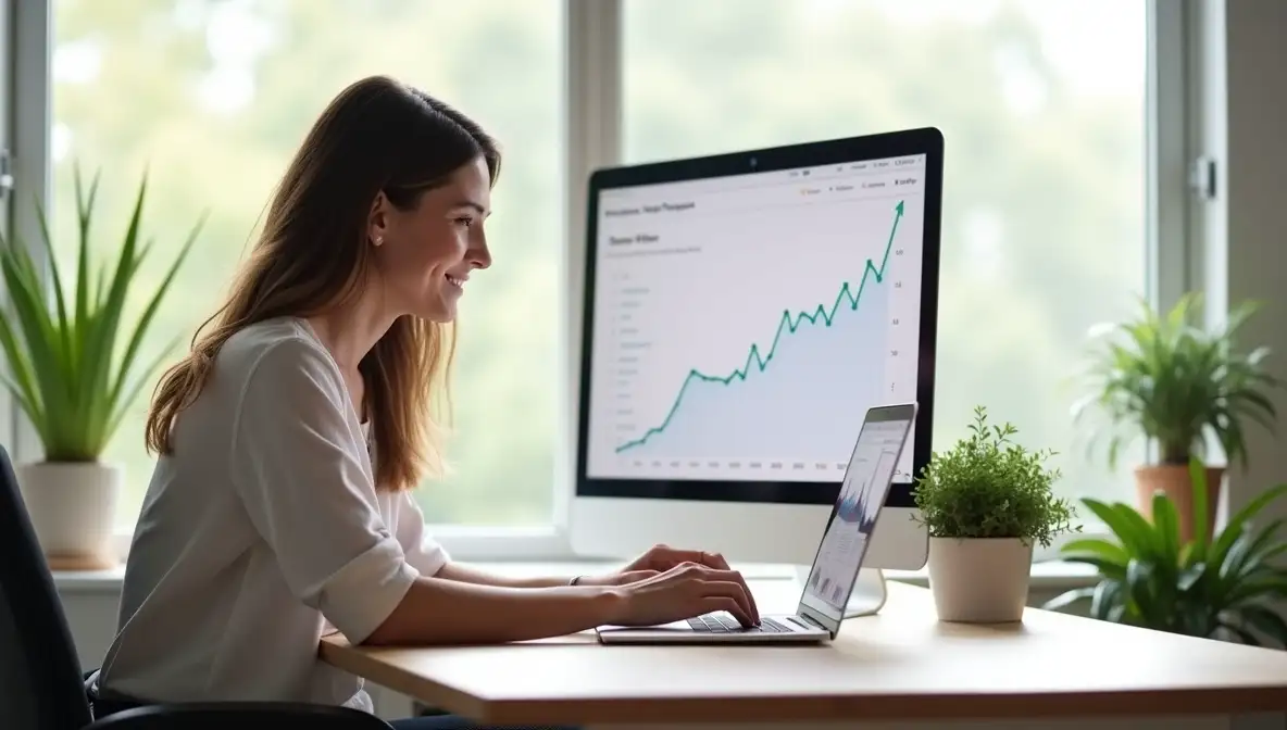 Focused female SaaS founder analyzing social media on laptop in modern office, strategizing B2B audience engagement.