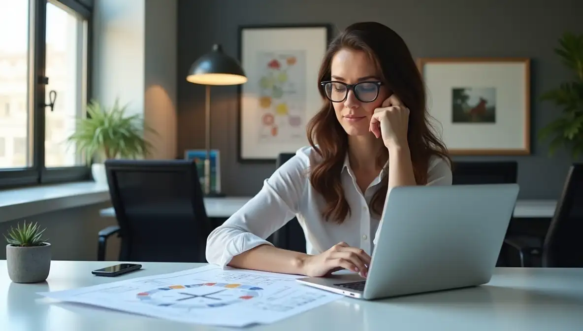 Professional woman with calm smile in modern office, symbolizing business accomplishment and reduced stress.