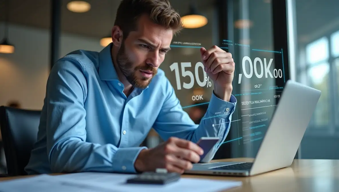 A focused professional in a home office intently working on a laptop, performing methodical and essential tasks.