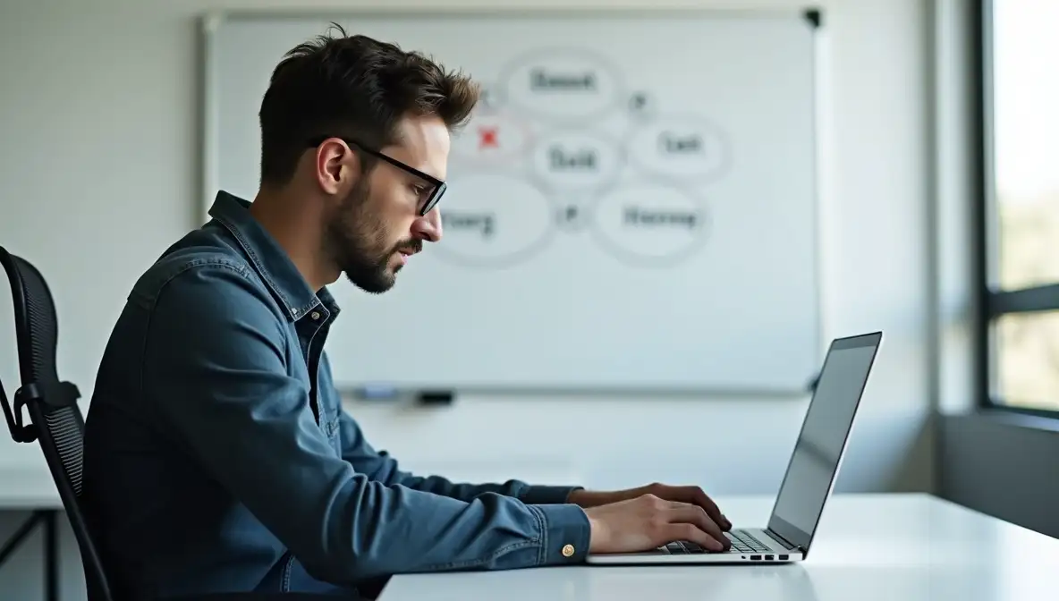 Professional software founder intently coding on laptop in a modern office, focused on rapid development and breakthrough.