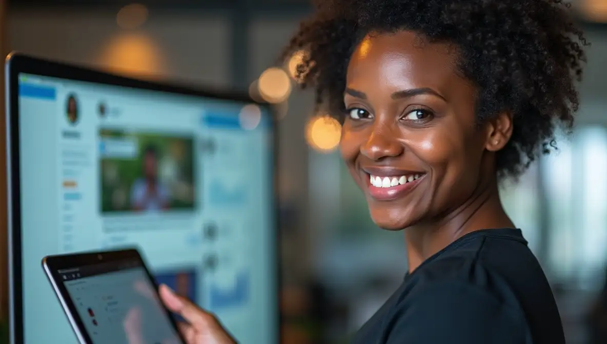 Confident founder showcasing a high-engagement LinkedIn profile on a tablet in a modern office setting.