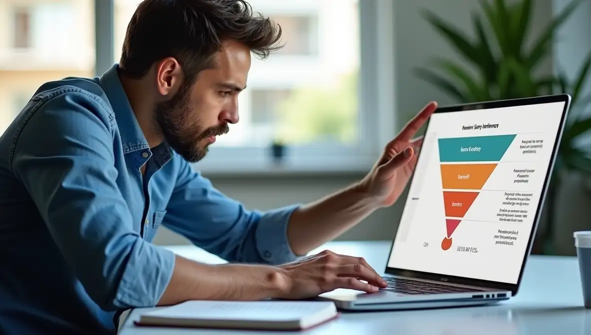 Resolute male founder focused on a monitor displaying a simplified business strategy, with a crumpled document symbolizing discarded complex ideas on his desk, in a modern, sunlit office.
