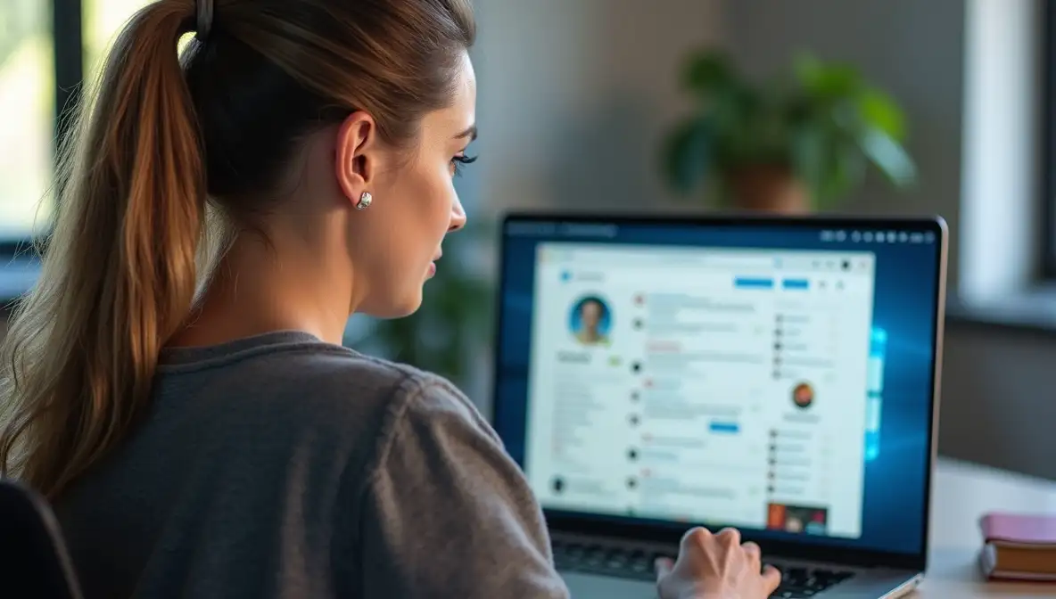 A focused founder engaged with a laptop showing a dynamic X (Twitter) feed, illustrating high social media engagement and strategic online presence.