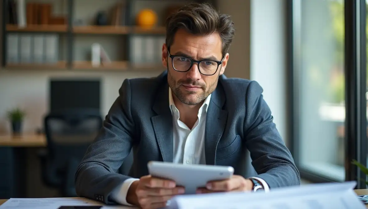 Savvy founder at a modern office desk, reviewing an offer with a confident gaze, preparing a shrewd counter-proposal.