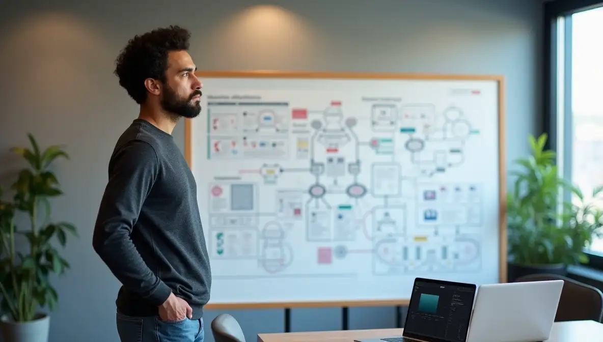 Professional founder intently studying complex system architecture diagrams on a whiteboard in a modern office, with an AI UI prototype visible on a laptop.