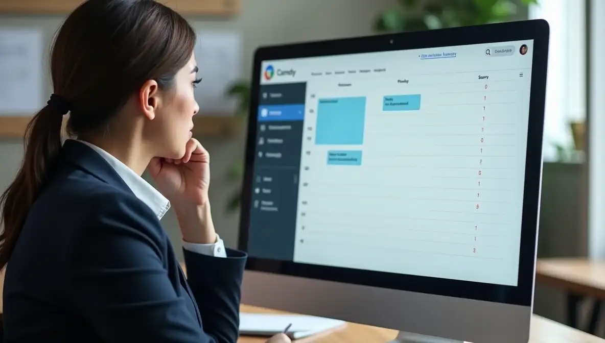 A concerned professional sits at a modern desk, viewing an empty digital calendar, illustrating the frustration of lost sales leads and meeting no-shows.