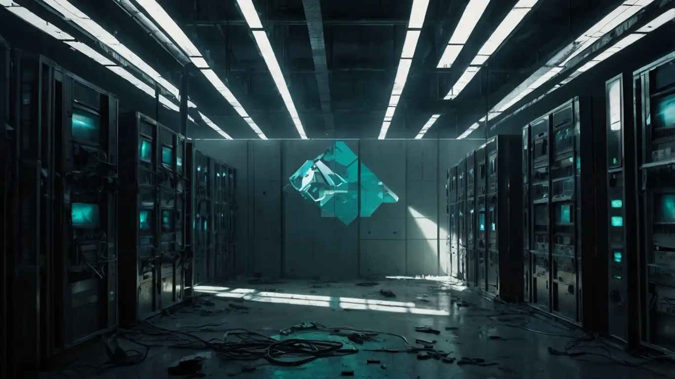 A futuristic, dimly lit server room features long rows of glowing blue-screened racks, scattered cables on the floor, and a large, shimmering turquoise geometric object suspended in the center.