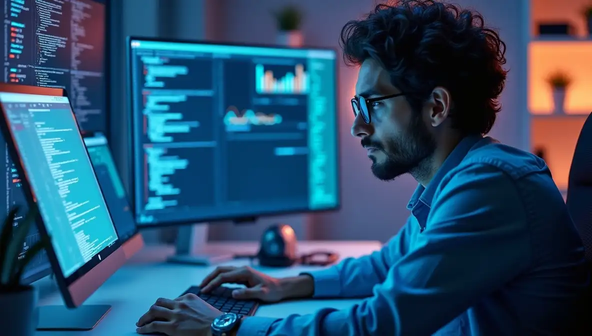 Professional enhancing digital content on a large monitor, combining human expertise with AI tools in a modern office.