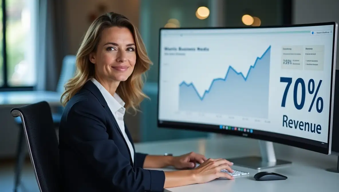 Confident business owner analyzing a digital dashboard displaying 70% revenue growth, attributed to social media success.