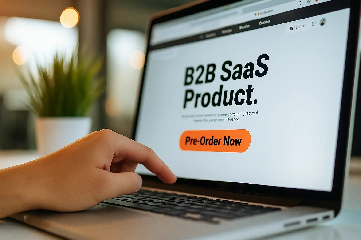 Close-up of a professional hand poised over a laptop trackpad, displaying a B2B SaaS landing page with a prominent 'Pre-Order Now' button, symbolizing crucial market validation and a lean startup approach.