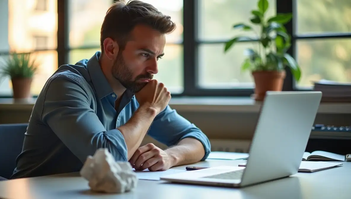 Professional focused on a laptop with a LinkedIn interface, strategically planning online content and engagement from a modern office desk, emphasizing a hybrid digital work approach.