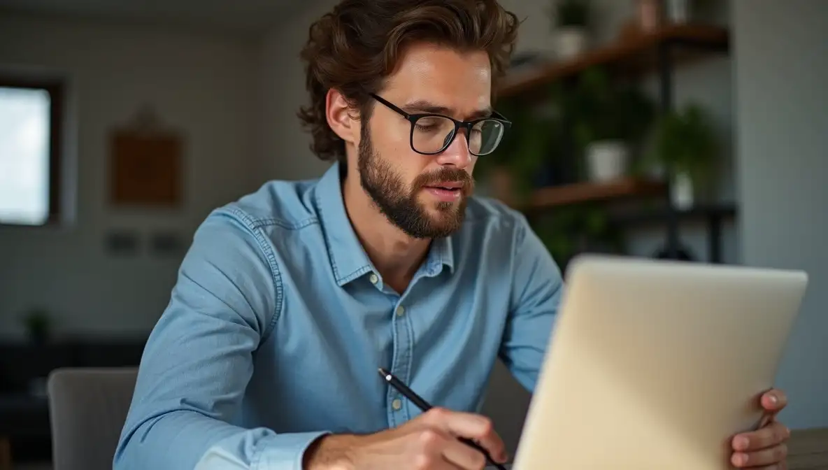 A focused man with a beard and glasses sits at a desk, looking intently at a laptop while holding a pen as if taking notes, in a bright home or office setting.