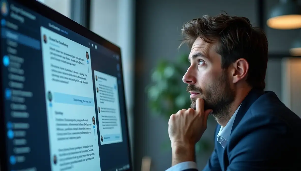 Professional marketer focused on social media analytics and content distribution strategy in a modern office.