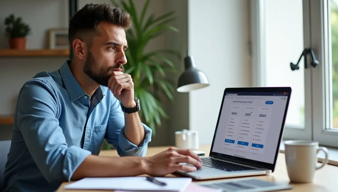 Professional analyzing complex marketing data and analytics on a laptop in a modern office