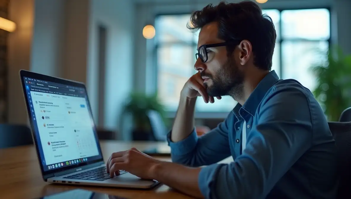 Marketing executive analyzes AI-generated search results on a monitor, contemplating a strategic shift in business.