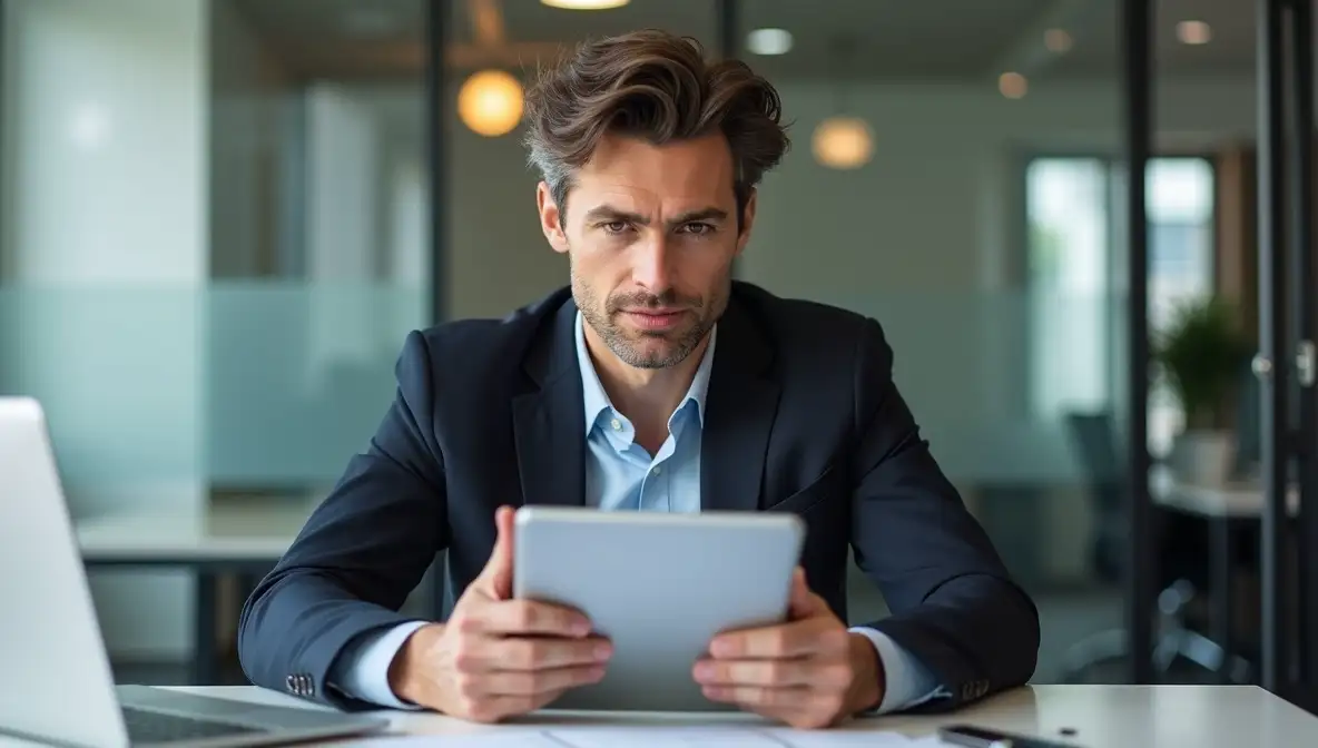 A marketing executive thoughtfully analyzing digital diagrams on a tablet, symbolizing a strategic breakthrough for organic digital growth.