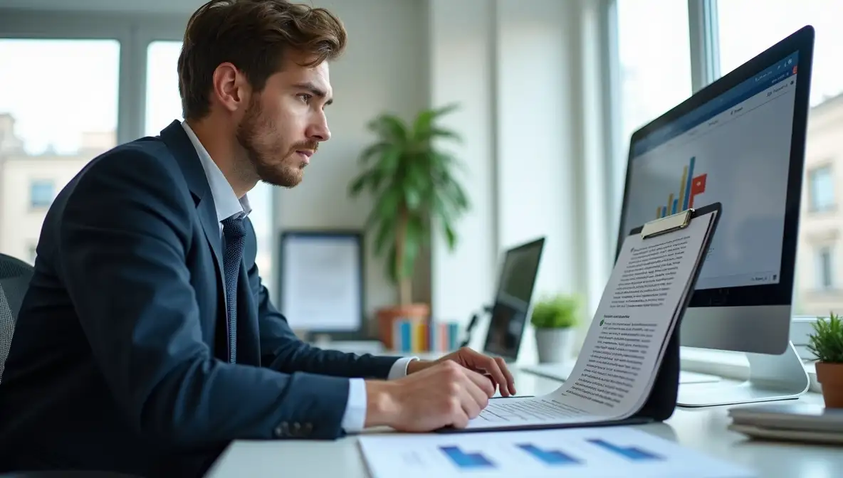 Marketing manager focused on a tablet displaying pillar content, surrounded by social media icons, illustrating multi-channel content repurposing and strategic distribution in a modern office.
