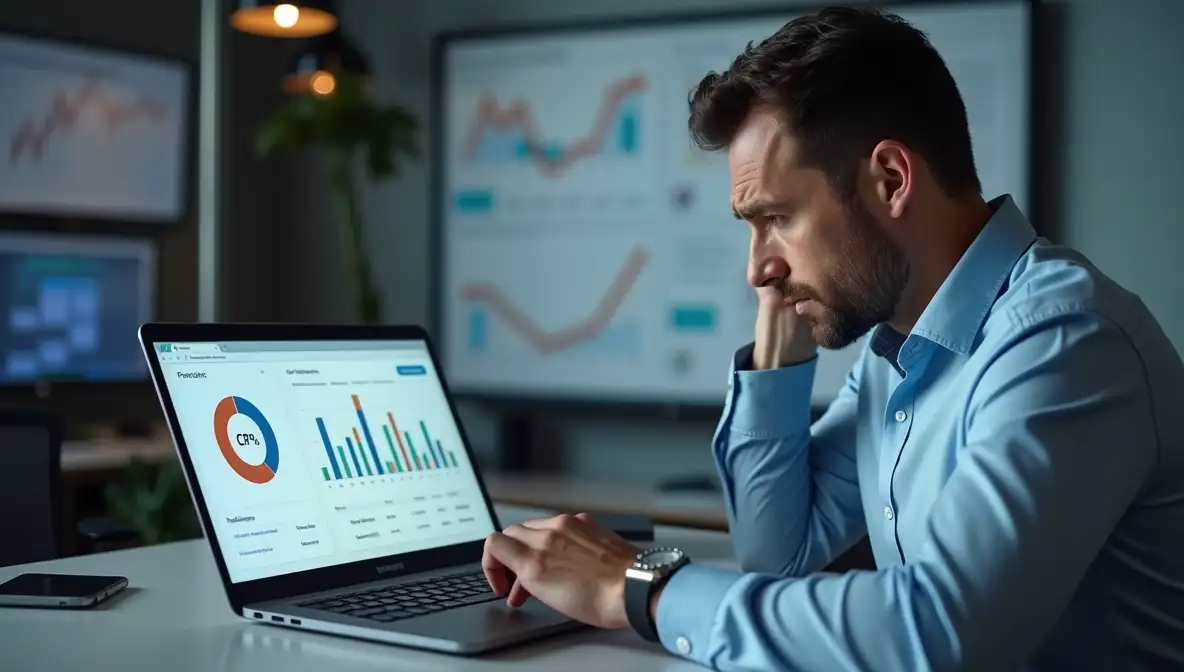 Professional marketing manager focusing on a laptop displaying strategic growth, symbolizing a shift from old, crumpled strategies.