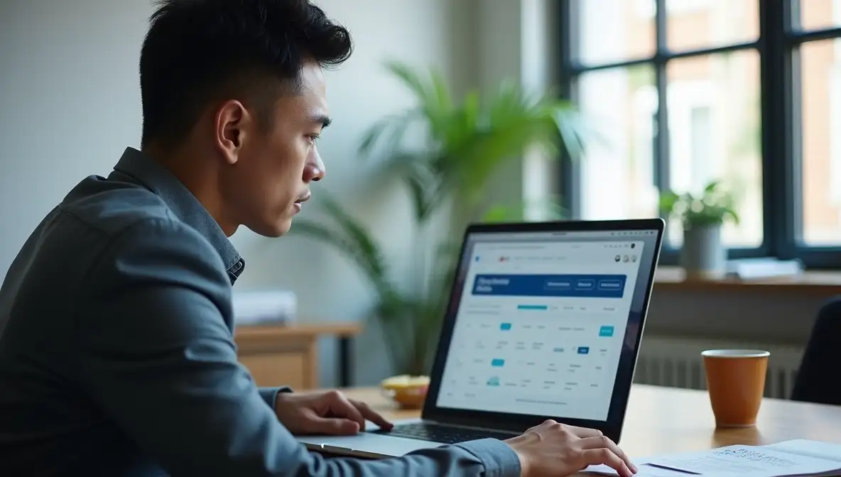 Focused marketing professional analyzing customer profiles on a laptop, demonstrating proactive digital outreach and sales strategy.