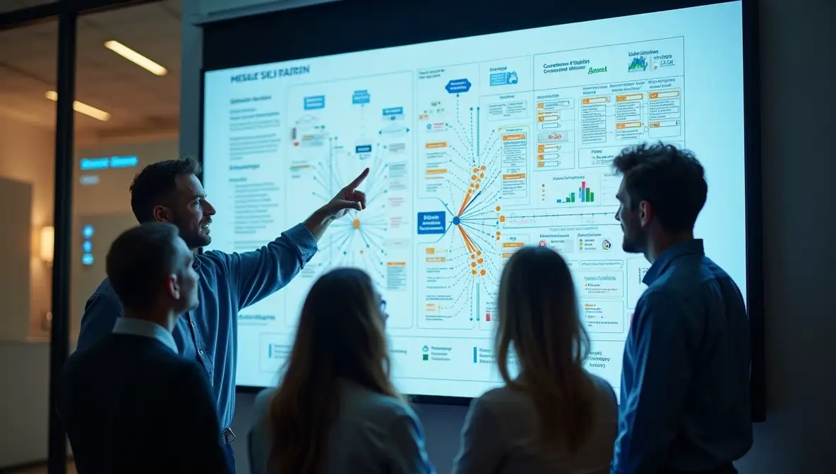 Professional marketing strategists analyzing a data-driven framework on a large monitor, discussing customer journeys and performance metrics for business growth.