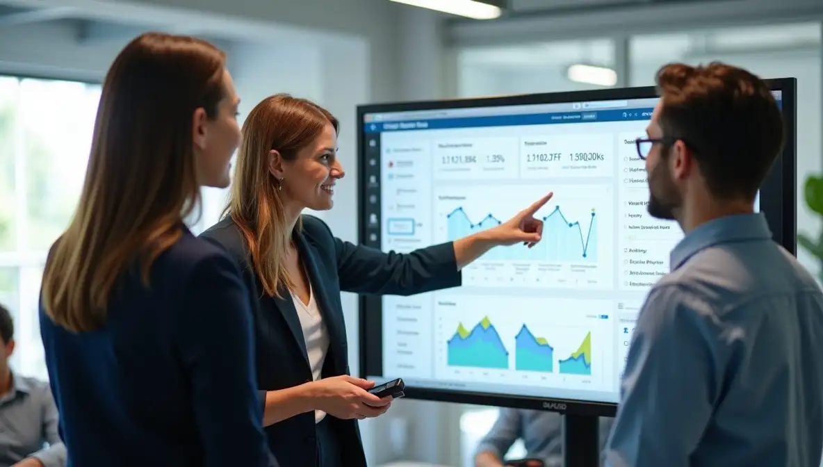 Business and marketing executives discuss a strategic framework on a digital screen, focusing on resource allocation in a modern conference room.