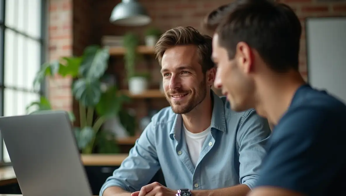 Two marketing professionals analyze web analytics on a monitor, focused on user behavior and conversion rate optimization.